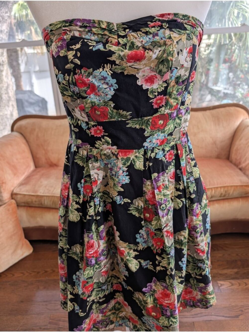 Strapless Black Floral Mini Dress Size M Sweetheart neckline by Angie Night Out